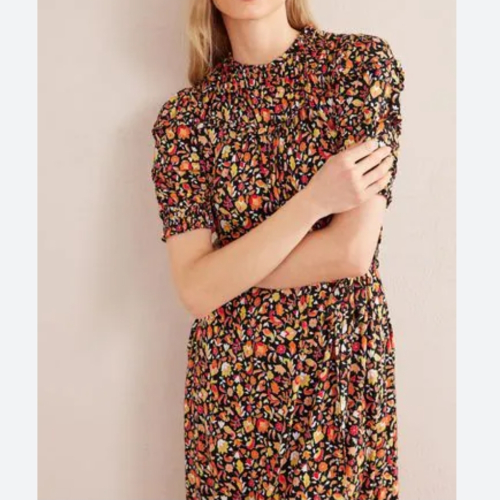 Boden Black Floral Midi Dress with Pink, Orange and Yellow Accents